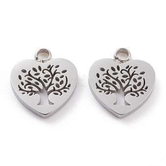 10 x 304 Stainless Steel Charms, Laser Cut, Heart with Tree of Life, 12x11x1.5mm, Hole: 1.8mm