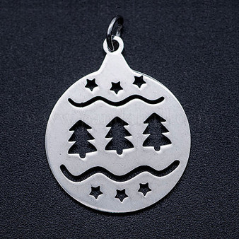 5 x 201 Stainless Steel Pendants, with Unsoldered Jump Rings, Flat Round with Christmas Tree, 25x20x1mm, Hole: 3mm, Jump Ring: 5x0.8mm