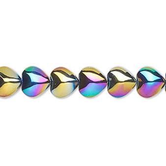 Bead, pressed glass, opaque iris multicolored, 8mm heart. Sold per 15-1/2" to 16" strand.