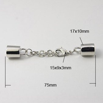 10 x Set (Platinum Cord Ends with Clasp and extension Chain, End: 8mm I.D)