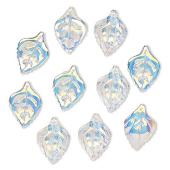 Drop, pressed glass, translucent AB clear, 23 x 16mm pressed leaf, top-drilled. top-drilled. Sold per pkg of 10.