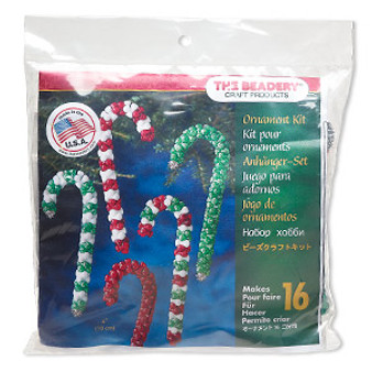 Ornament kit, The Beadery®, plastic, red / green / white, candy canes (5688). Sold individually.
