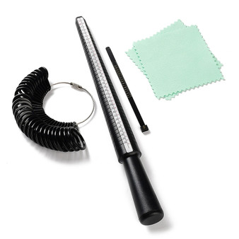1 Set Plastic Finger Ring Measuring Tools Set, Including 30Pcs Stick, Rings and Ruler, with 2Pcs Silver Polishing Cloth, Black, 26x2.5cm