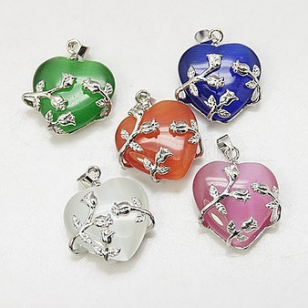 Cat Eye Pendants, with Brass Findings, Heart, Platinum Color, Mixed Color, 23x21x9mm, Hole: 5x4mm - 5 pk