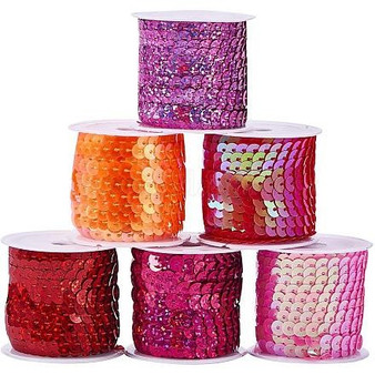 6 rolls 5m/roll Spangle Flat Sequins Paillette Trim Spool String, 6 Mixed Pink - Red Colours