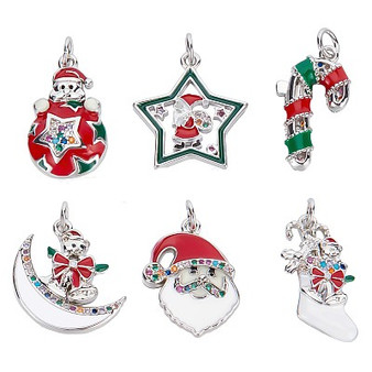 6Pcs 6 Style Christmas Brass Micro Pave Cubic Zirconia Pendants, with Enamel and Jump Ring, Long-Lasting Plated, Santa Claus/Christmas Sock/Gingerbread Man, Mixed Color, 19~20.5x11.5~18x2~4mm, Jump Ring: 5x0.7mm, 3.6mm Inner Diameter, 1pc/style