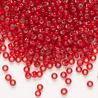 Seed bead, Preciosa Ornela, Czech glass, transparent silver-lined red, #8 rocaille with square hole. Sold per 50-gram pkg.