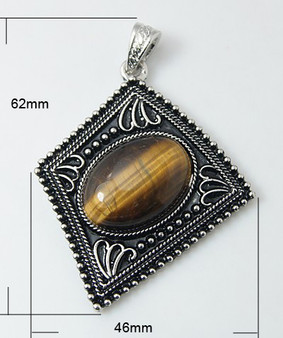 Tibetan Style Alloy Pendants, with Gemstone, Rhombus, Antique Silver, Tiger Eye, Pendant: 62x46mm