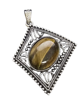 LAST STOCK: Tibetan Style Alloy Pendants, with Gemstone, Rhombus, Antique Silver, Tiger Eye, Pendant: 62x46mm