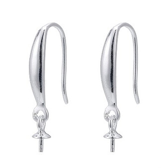 925 Sterling Silver Earring Hooks, with Cup Pearl Bail Pin, Silver, 20~21mm, Bail Pin: 6x3mm, Pin: 0.8mm - 1 pair