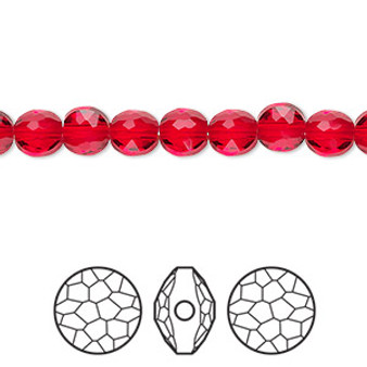 Bead, Crystal Passions®, light Siam, 6mm faceted puffed round bead (5034). Sold per pkg of 4.