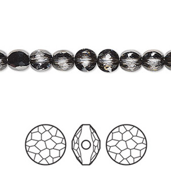 Bead, Crystal Passions®, crystal silver night, 6mm faceted puffed round bead (5034). Sold per pkg of 4.