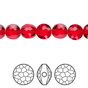 Bead, Crystal Passions®, light Siam, 8mm faceted puffed round bead (5034). Sold per pkg of 4.