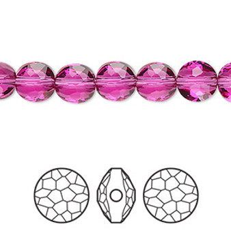 Bead, Crystal Passions®, fuchsia, 8mm faceted puffed round bead (5034). Sold per pkg of 4.