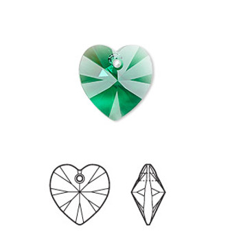 Drop, Crystal Passions®, majestic green, 14mm heart pendant (6228), Sold per pkg of 2.