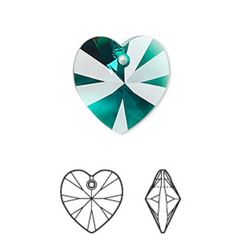 Drop, Crystal Passions®, emerald, 18mm heart (6228). Sold per pkg of 2.