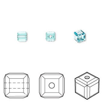 Bead, Crystal Passions®, light turquoise, 4x4mm faceted cube (5601). Sold per pkg of 12.