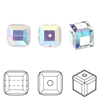 Bead, Crystal Passions®, crystal AB, 10mm faceted cube (5601). Sold per pkg of 2.
