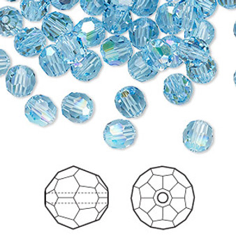 Bead, Crystal Passions®, aquamarine shimmer, 6mm faceted round (5000). Sold per pkg of 12.