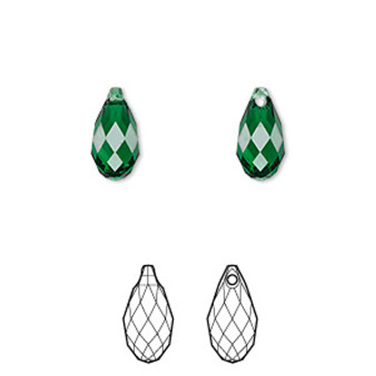 Drop, Crystal Passions®, majestic green, 11x5.5mm faceted briolette pendant (6010), Sold per pkg of 2.