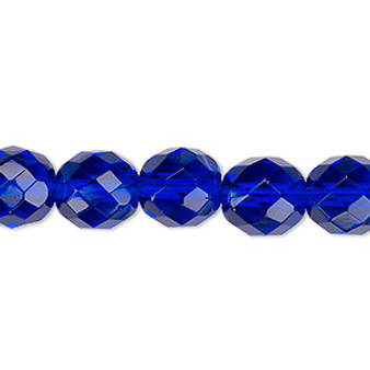 Bead, Czech fire-polished glass, transparent cobalt, 10mm faceted round. Sold per 15-1/2" to 16" strand, approximately 40 beads.