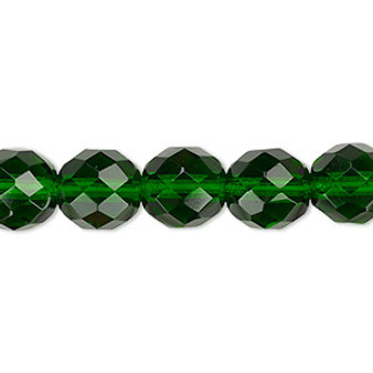 Bead, Czech fire-polished glass, transparent emerald green, 10mm faceted round. Sold per 15-1/2" to 16" strand, approximately 40 beads.