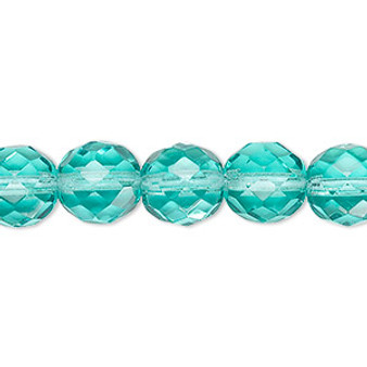 Bead, Czech fire-polished glass, transparent light aqua, 10mm faceted round. Sold per 15-1/2" to 16" strand, approximately 40 beads.