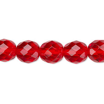 Bead, Czech fire-polished glass, light red, 10mm faceted round. Sold per 15-1/2" to 16" strand, approximately 40 beads.