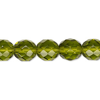 Bead, Czech fire-polished glass, transparent olivine, 10mm faceted round. Sold per 15-1/2" to 16" strand, approximately 40 beads.