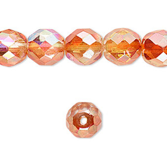 Bead, Czech fire-polished glass, two-tone clear AB and apricot medium, 10mm faceted round. Sold per 15-1/2" to 16" strand.