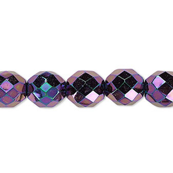 Bead, Czech fire-polished glass, opaque iris purple, 10mm faceted round. Sold per 15-1/2" to 16" strand