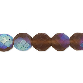 Bead, Czech fire-polished glass, matte light brown AB, 10mm faceted round. Sold per 15-1/2" to 16" strand