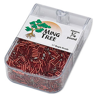 Bugle bead, Ming Tree™, glass, silver-lined translucent ruby red, 1/4 inch. Sold per 1/4 pound pkg.