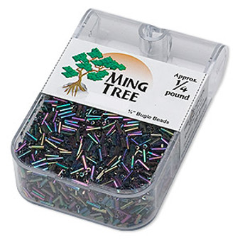 Bugle bead, Ming Tree™, glass, opaque rainbow peacock, 1/4 inch. Sold per 1/4 pound pkg.