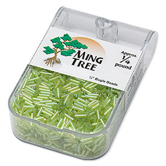 Bugle bead, Ming Tree™, glass, transparent rainbow grass green, 1/4 inch. Sold per 1/4 pound pkg.