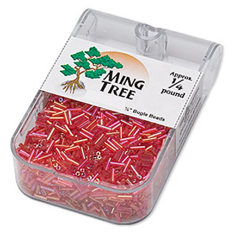 Bugle bead, Ming Tree™, glass, translucent rainbow hot pink, 1/4 inch. Sold per 1/4 pound pkg.