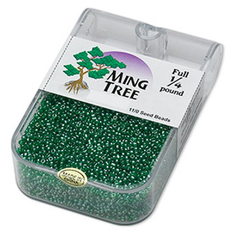 Seed bead, Ming Tree™, glass, transparent luster emerald green, #11 round. Sold per 1/4 pound pkg.