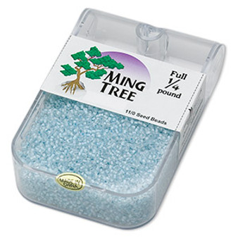 Seed bead, Ming Tree™, glass, transparent color-lined aqua, #11 round. Sold per 1/4 pound pkg.