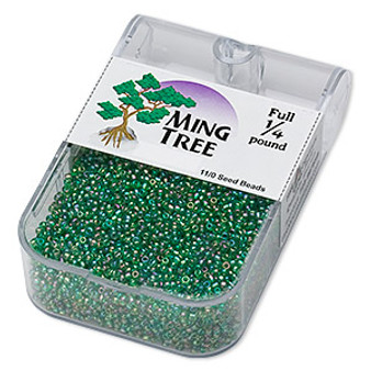Seed bead, Ming Tree™, glass, translucent rainbow emerald green, #11 round. Sold per 1/4 pound pkg.