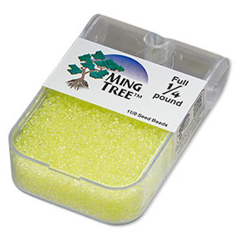 Seed bead, Ming Tree™, glass, transparent color-lined neon yellow, #11 round. Sold per 1/4 pound pkg.