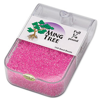 Seed bead, Ming Tree™, glass, transparent color-lined hot pink, #11 round. Sold per 1/4 pound pkg.