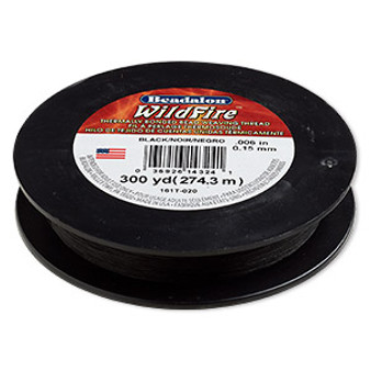 Thread, Beadalon® WildFire™, polyester and plastic, black, 0.15mm with bonded coating, 10-pound test. Sold per 300-yard spool.