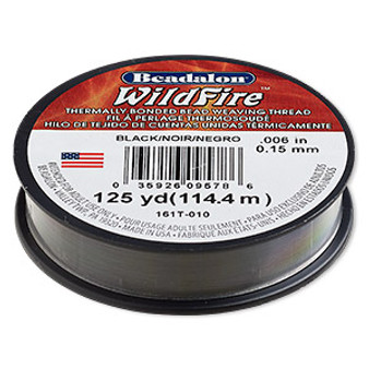 Thread, Beadalon® WildFire™, polyester and plastic, black, 0.15mm with bonded coating, 10-pound test. Sold per 125-yard spool.