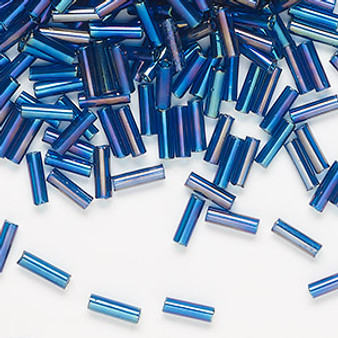 Bugle bead, Preciosa Ornela, Czech glass, translucent rainbow dark aqua, 1/4 inch. Sold per 50-gram pkg.