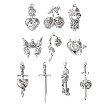 10Pcs Rack Plating Alloy Pendants, Mixed Shapes, Platinum, 22.5~50.5x11~28x4~7mm, Hole: 1.8~2mm, 1pc/style