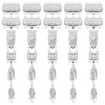 60 Sets, 6 Styles, Stainless Steel Oval/Horse Eye/Rectangle with Flower, Multi-Strand Box End Clasp