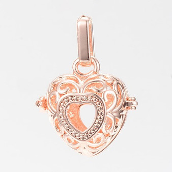 10pk - Rack Plating Brass Cage Pendants, For Chime Ball Pendant Necklaces Making, Hollow, Heart, Rose Gold, 20.5x21x15mm, Hole: 3.5x8.5mm, inner measure: 13.5x14.5mm