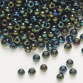 Seed bead, Preciosa Ornela, glass, opaque green iris black, #6 rocaille. Sold per 50-gram pkg.
