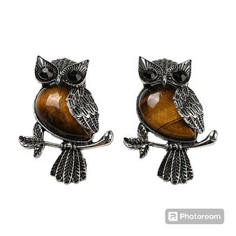 2pk - Natural Tiger Eye Pendants, Antique Silver Plated Owl Charms with Black Glass, 45x33.5x19mm, Hole: 8x9.5mm