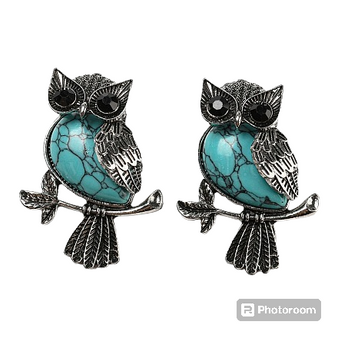 2pk - Synthetic Turquoise Dyed Pendants, Antique Silver Plated Owl Charms with Black Glass, 45x33.5x19mm, Hole: 8x9.5mm